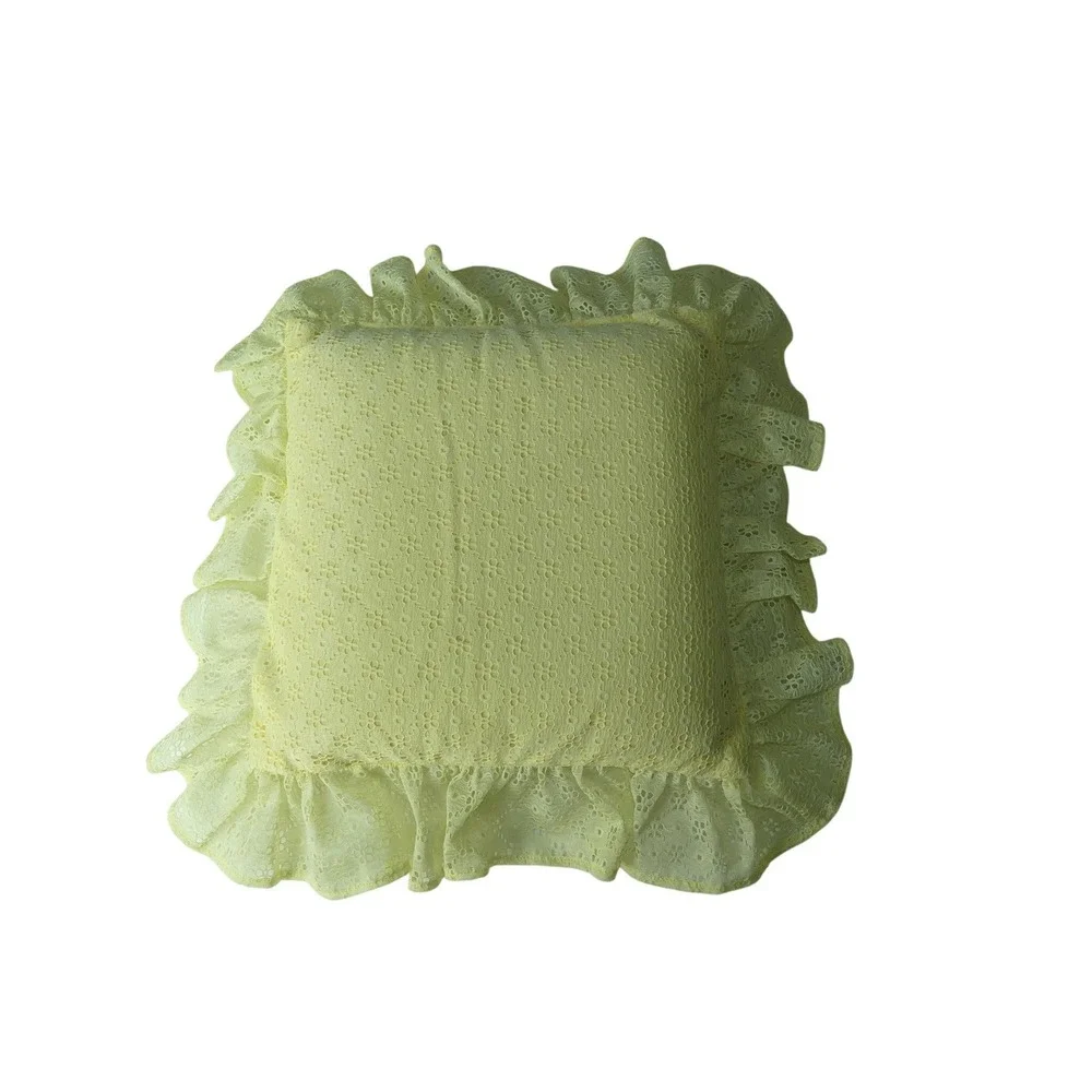 Vintage Yellow Eyelet Lace Ruffle Throw Pillow Decorative Cottagecore Pastel